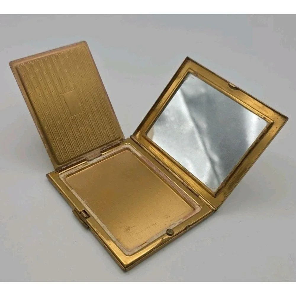 Vintage Elgin American Mother of Pearl Inlay Gold Tone Mirrored Powder Compact